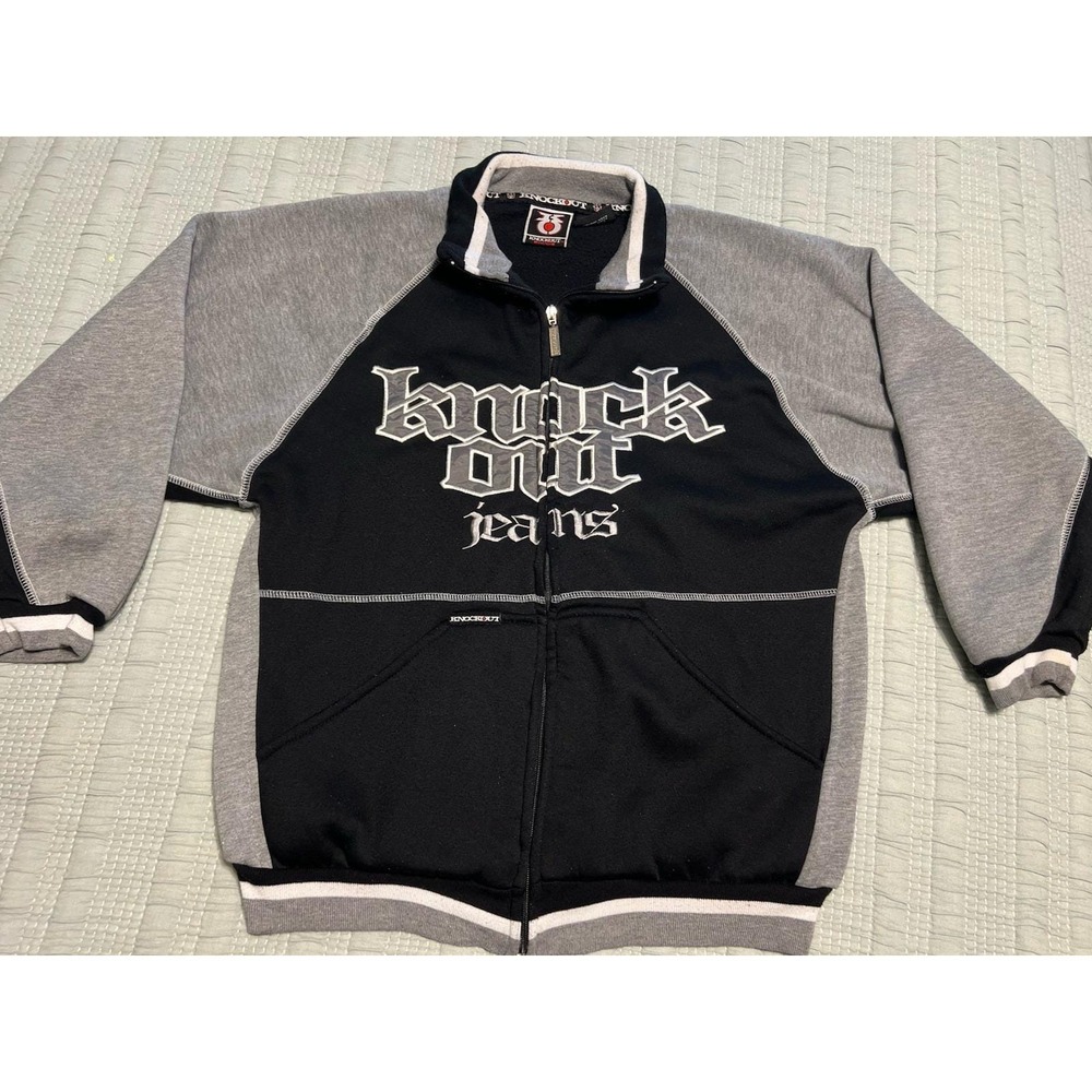 VTG Y2K Knockout Jeans Black Gray Zip Up Jacket Big Logo Size L Rare